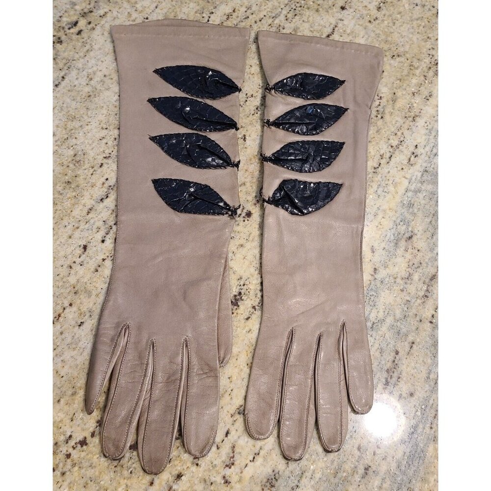 Vintage Size M 7 Leather Snakeskin Accent Beige Black 14.5" Long Gloves Milady